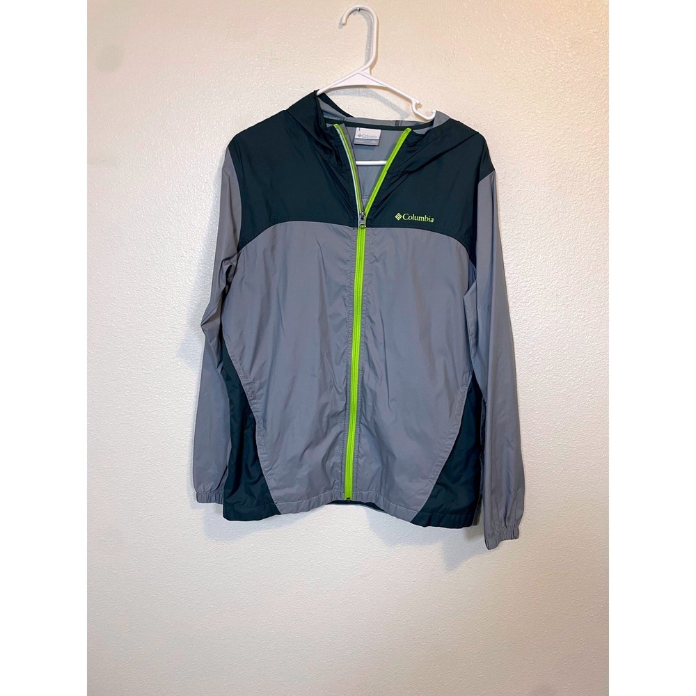 Columbia XL Kids Windbreaker Jacket Gray Neon Green Lightweight Zip Up Outerwear